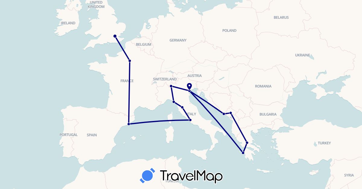TravelMap itinerary: driving in Spain, France, United Kingdom, Greece, Croatia, Italy, Montenegro (Europe)